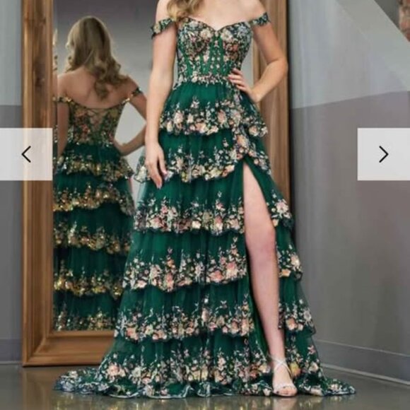 Tiered Off-the-Shoulder Green Dress with Gold Sequins - Picture 1 of 8